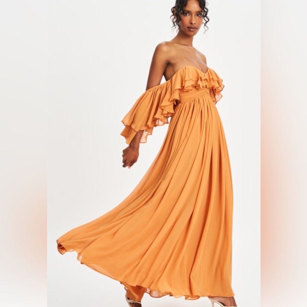 Kaela Brickwork Off Shoulder Chiffon Maxi Dress
